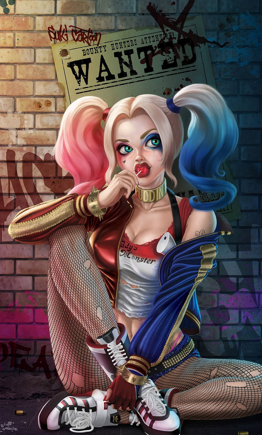 Harley Quinn Digital Art with Wanted Poster and Lollipop HD phone wallpaper