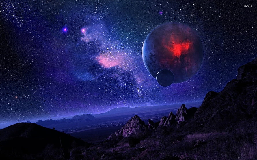 Alien Planet Night Sky with Glowing Red Moon and Starry Nebula HD wallpaper