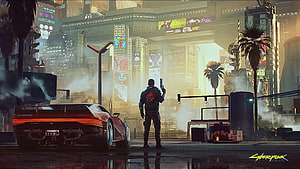Cyberpunk 2077 Night City Street Scene with Futuristic Car and Character HD wallpaper