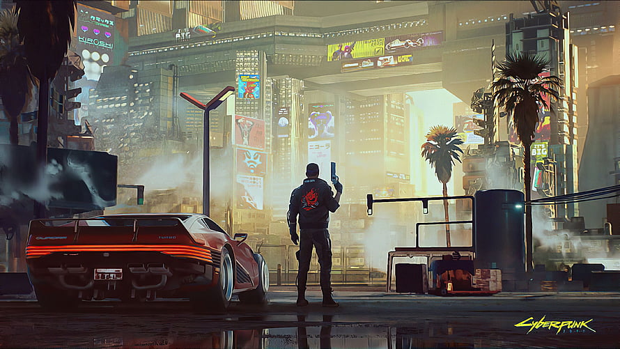 Cyberpunk 2077 Night City Street Scene with Futuristic Car and Character HD wallpaper