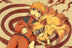 Naruto Uzumaki and Baby Kurama Nine-Tailed Fox Anime Illustration HD wallpaper