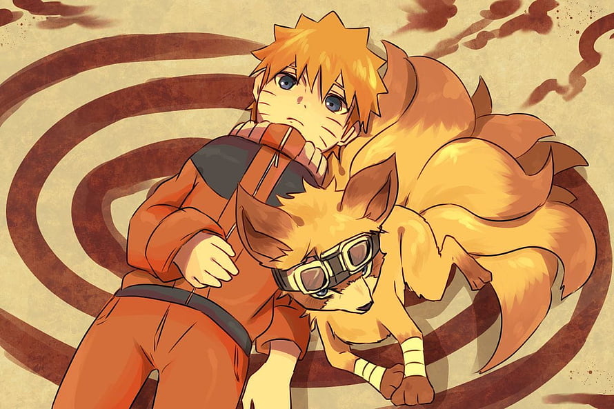 Naruto Uzumaki and Baby Kurama Nine-Tailed Fox Anime Illustration HD wallpaper