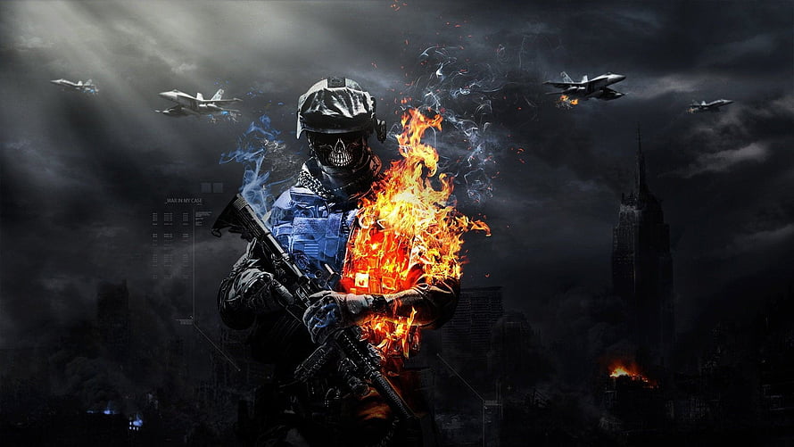 Gamer Skull Soldier with Flames and Military Jets in Dark City HD wallpaper