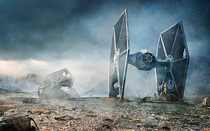 Star Wars TIE Fighter Crash Site on a Desolate Alien Battlefield HD wallpaper