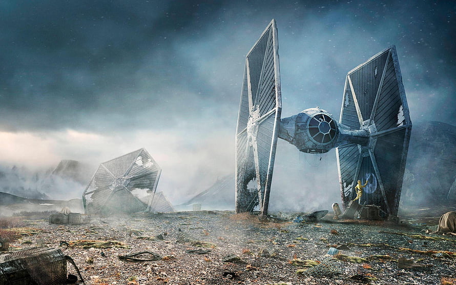 Star Wars TIE Fighter Crash Site on a Desolate Alien Battlefield HD wallpaper