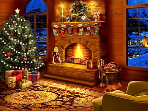 Cozy Christmas Living Room with Fireplace, Stockings, and Decorated Tree HD wallpaper