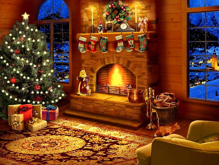 Cozy Christmas Living Room with Fireplace, Stockings, and Decorated Tree HD wallpaper