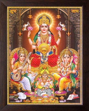 Lakshmi, Saraswati, Ganesha, and Kubera Deity Painting in Traditional Indian Style HD phone wallpaper