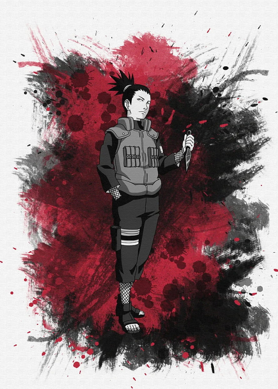 Nara Shikamaru Anime Character Art with Red and Black Ink Splatter Background HD phone wallpaper
