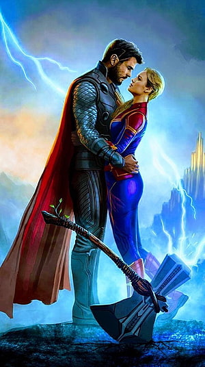 Thor and Captain Marvel Embracing Amid Lightning Storms with Stormbreaker HD phone wallpaper