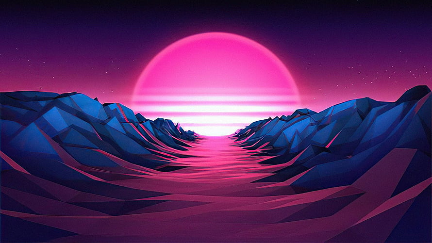 Retro Synthwave Landscape with Giant Pink Sun and Low Poly Mountains HD wallpaper