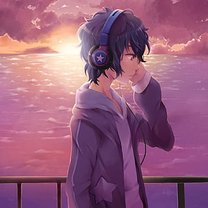 Anime Boy With Headphones Gazing At Ocean Sunset HD phone wallpaper