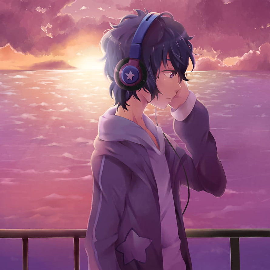 Anime Boy With Headphones Gazing At Ocean Sunset HD phone wallpaper