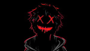 Red Neon X-Eyed Boy with Stitched Smile on Black Background HD wallpaper