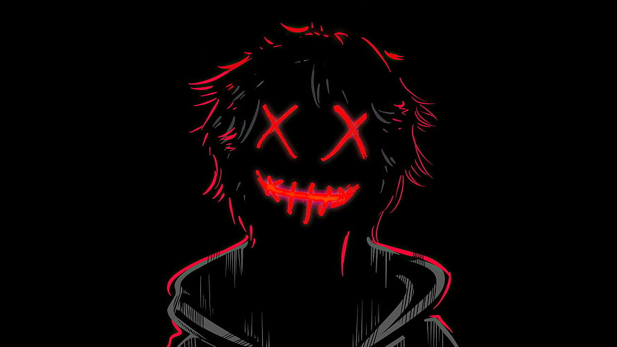 Red Neon X-Eyed Boy with Stitched Smile on Black Background HD wallpaper