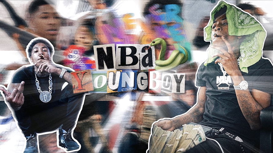 NBA YoungBoy collage featuring bandana, snake, and cash in a gritty hip-hop style HD wallpaper