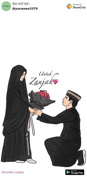 Muslim couple cartoon illustration of a man kneeling to present a bouquet of flowers to a woman in a hijab HD phone wallpaper
