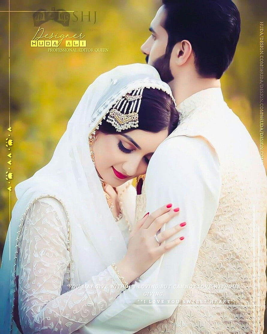 Romantic Muslim Couple in Traditional White Wedding Attire Embracing HD phone wallpaper