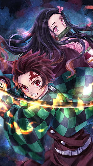Tanjiro and Nezuko from Demon Slayer in Dynamic Watercolor Anime Art HD phone wallpaper