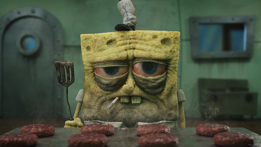 Gritty SpongeBob SquarePants Smoking Burger Grill Scene HD wallpaper