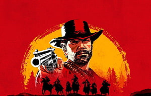 Arthur Morgan from Red Dead Redemption II holding a revolver against a bold red and yellow backdrop HD wallpaper