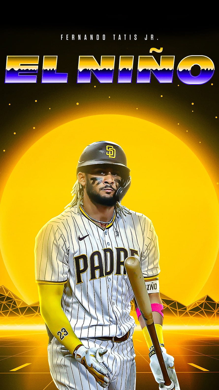 Fernando Tatis Jr in San Diego Padres uniform holding a bat against a glowing yellow sun backdrop HD phone wallpaper