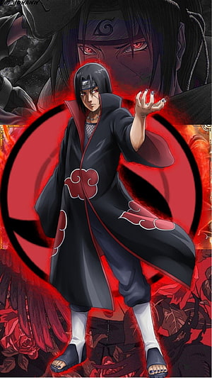 Itachi Uchiha in Akatsuki Cloak with Sharingan and Red Aura HD phone wallpaper