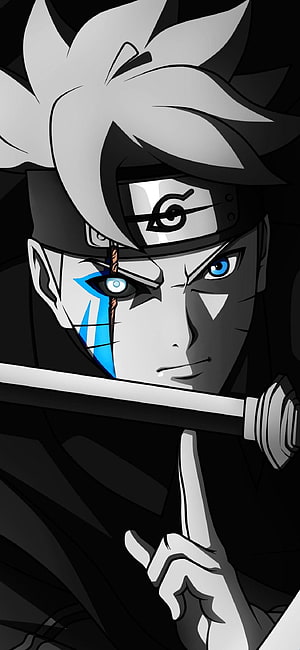 Boruto Anime Character with Blue Rinnegan Eye and Sword in Dark Monochrome Style HD phone wallpaper