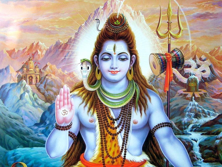 Lord Shiva with Trishul and Snake in Himalayan Landscape HD wallpaper