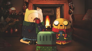 Adventure Time Finn and Jake Enjoying a Cozy Christmas Eve by the Fireplace HD wallpaper