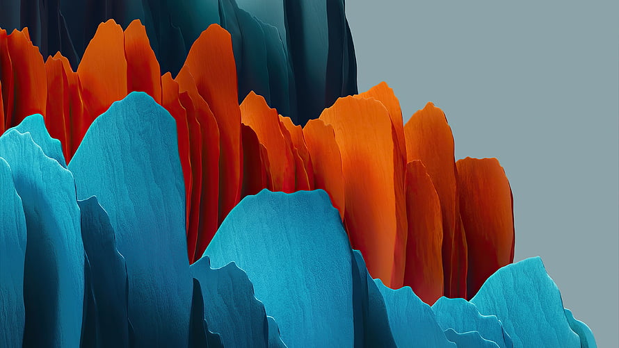 Vibrant Abstract Mountain Landscape with Orange and Blue Peaks HD wallpaper