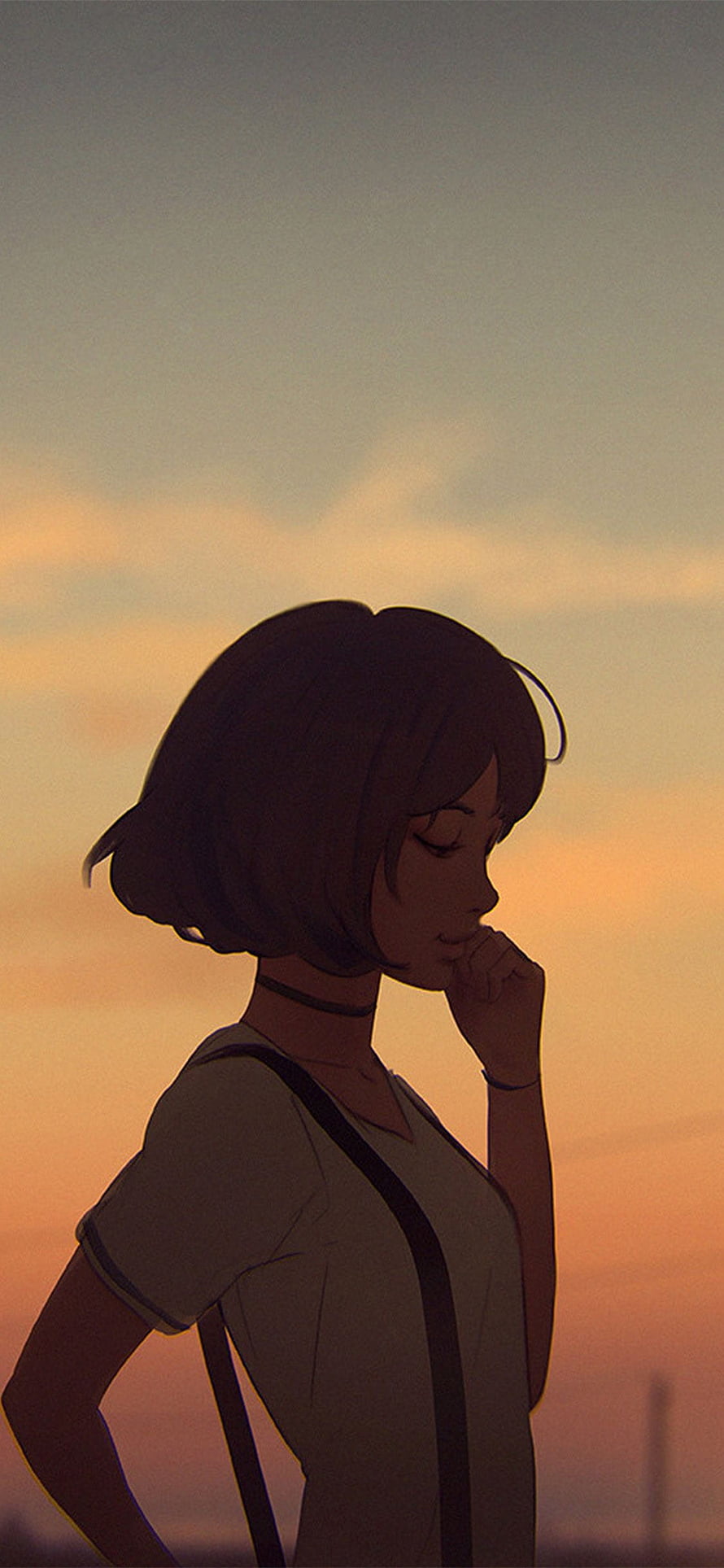 Anime Girl Silhouette at Sunset with Short Hair and Choker HD phone wallpaper