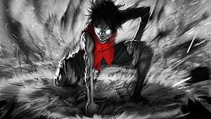 Dark Anime Character with Glowing Eyes and Red Scarf in Dynamic Black and White Action Scene HD wallpaper