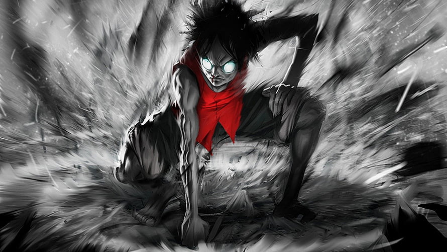 Dark Anime Character with Glowing Eyes and Red Scarf in Dynamic Black and White Action Scene HD wallpaper