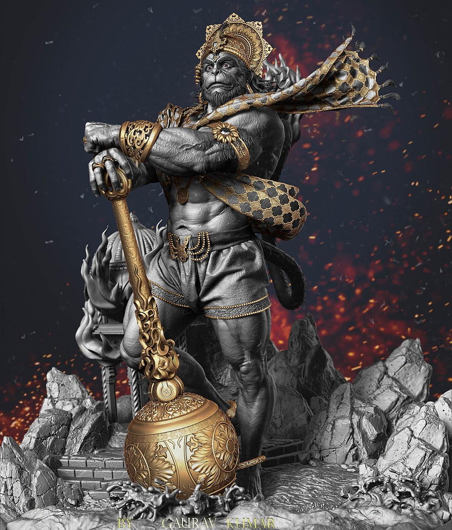 Hanuman 3D Sculpture with Golden Mace and Leopard Skin HD phone wallpaper