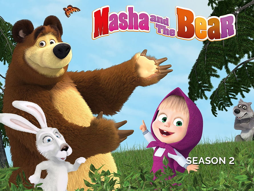 Masha and the Bear Season 2 promotional artwork featuring the bear, Masha, rabbit, and wolf in a sunny forest clearing HD wallpaper