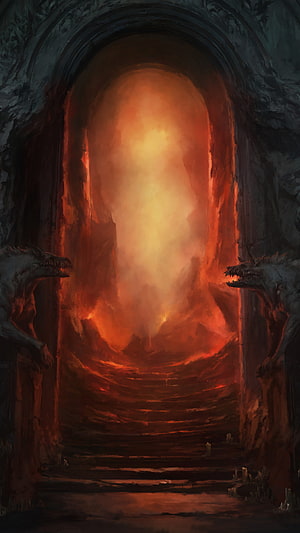 Diablo 4 Hell Gate Concept Art with Fiery Archway and Stone Gargoyles HD phone wallpaper