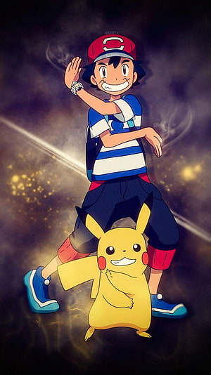 Ash Ketchum and Pikachu in a Dynamic Anime Pose Against a Cosmic Background HD phone wallpaper