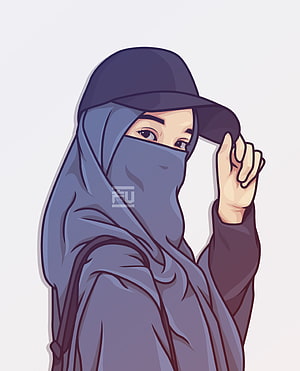 Digital illustration of a woman wearing a dark blue hijab and baseball cap HD phone wallpaper