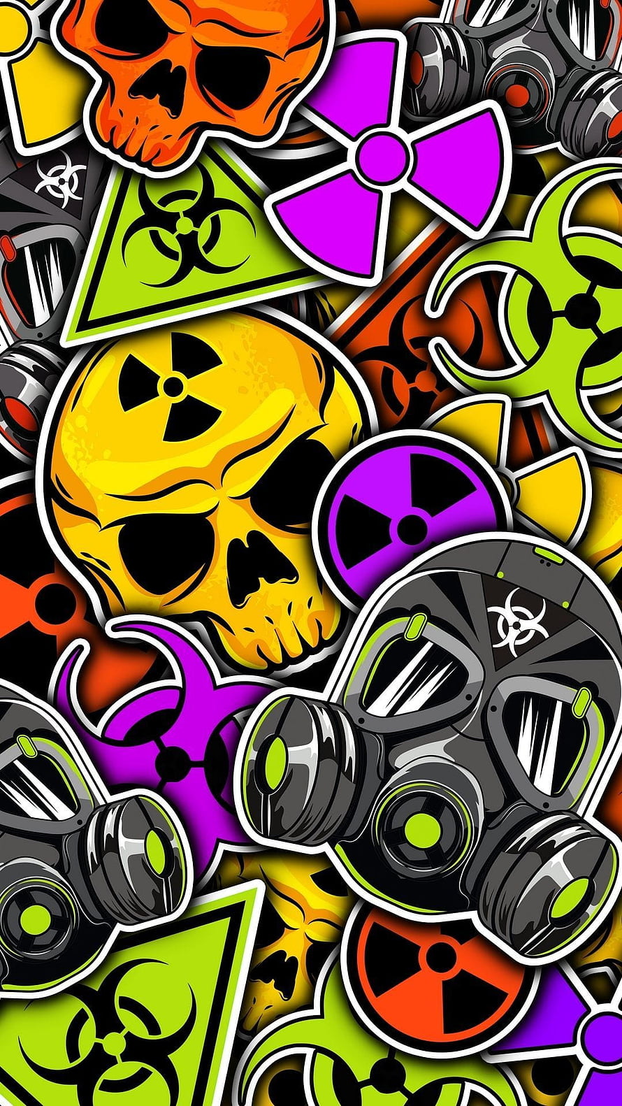 Neon Skull and Biohazard Sticker Bomb with Gas Masks and Radiation Symbols HD phone wallpaper