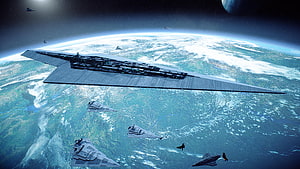 Star Wars Imperial Star Destroyer Fleet Orbiting a Blue Planet in Deep Space HD wallpaper