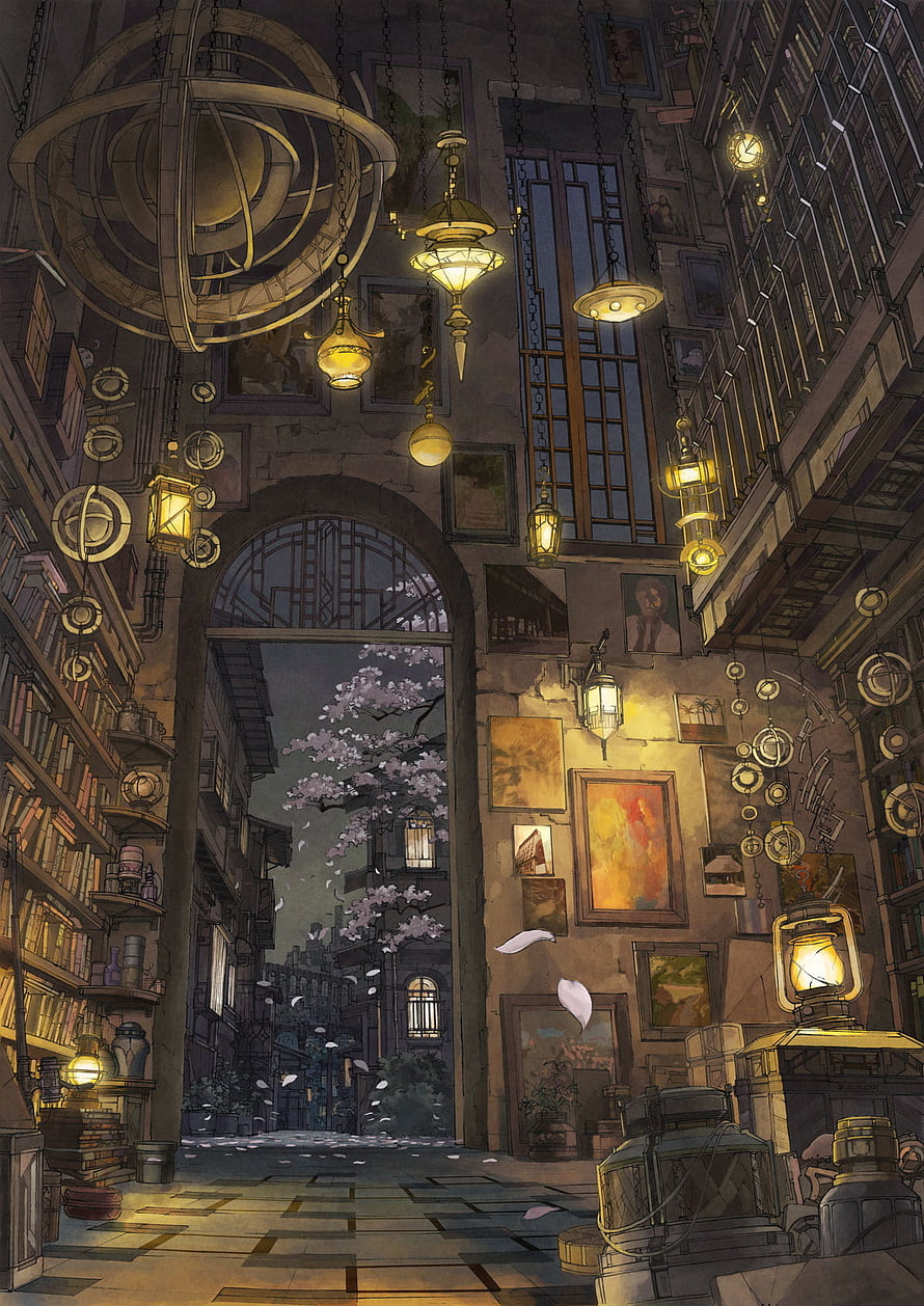Atmospheric Fantasy Library Interior with Hanging Lanterns and Arched Window HD phone wallpaper