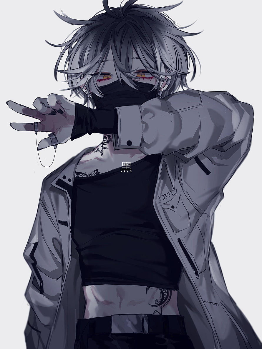 Dark Anime Boy with Mask and Grey Coat in Edgy Illustration HD phone wallpaper