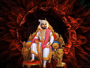 Chhatrapati Shivaji Maharaj Seated on Ornate Golden Throne with Lion Statues HD wallpaper