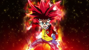 Aiger Akabane from Beyblade Burst Rise in a fiery power-up pose with spiky red hair and glowing energy aura HD wallpaper