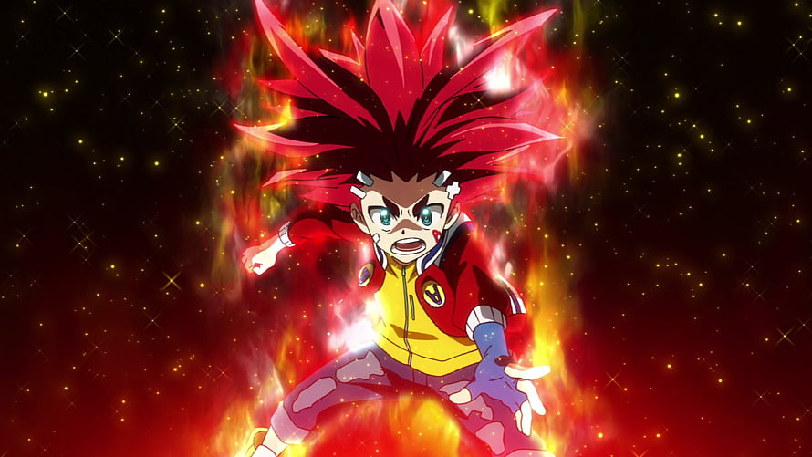 Aiger Akabane from Beyblade Burst Rise in a fiery power-up pose with spiky red hair and glowing energy aura HD wallpaper