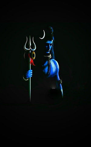 Lord Shiva with Trishula and Crescent Moon in Dark Blue Illumination HD phone wallpaper
