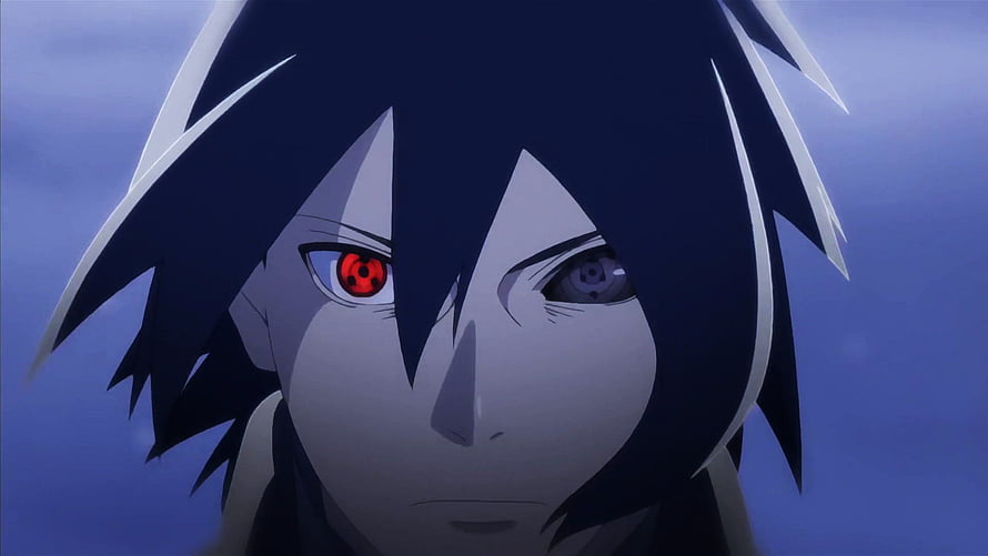 Sasuke Uchiha Close-Up With Sharingan and Rinnegan Eyes in Dark Blue Anime Scene HD wallpaper