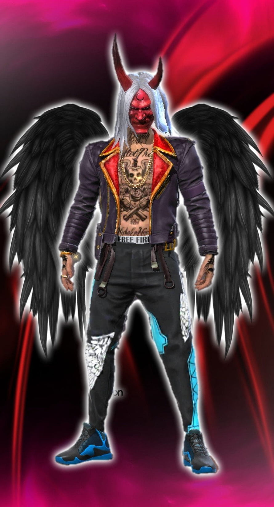 Free Fire Demon Character with Black Wings and Red Mask HD phone wallpaper
