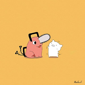 Chainsaw Man Pochita and White Cat Character on Warm Yellow Background HD phone wallpaper